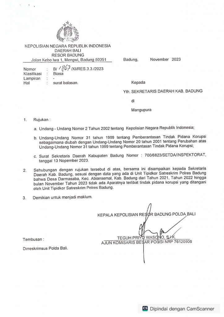 Surat Keterangan dari APH berdasarkan Surat Permohonan dari Pemkab Badung